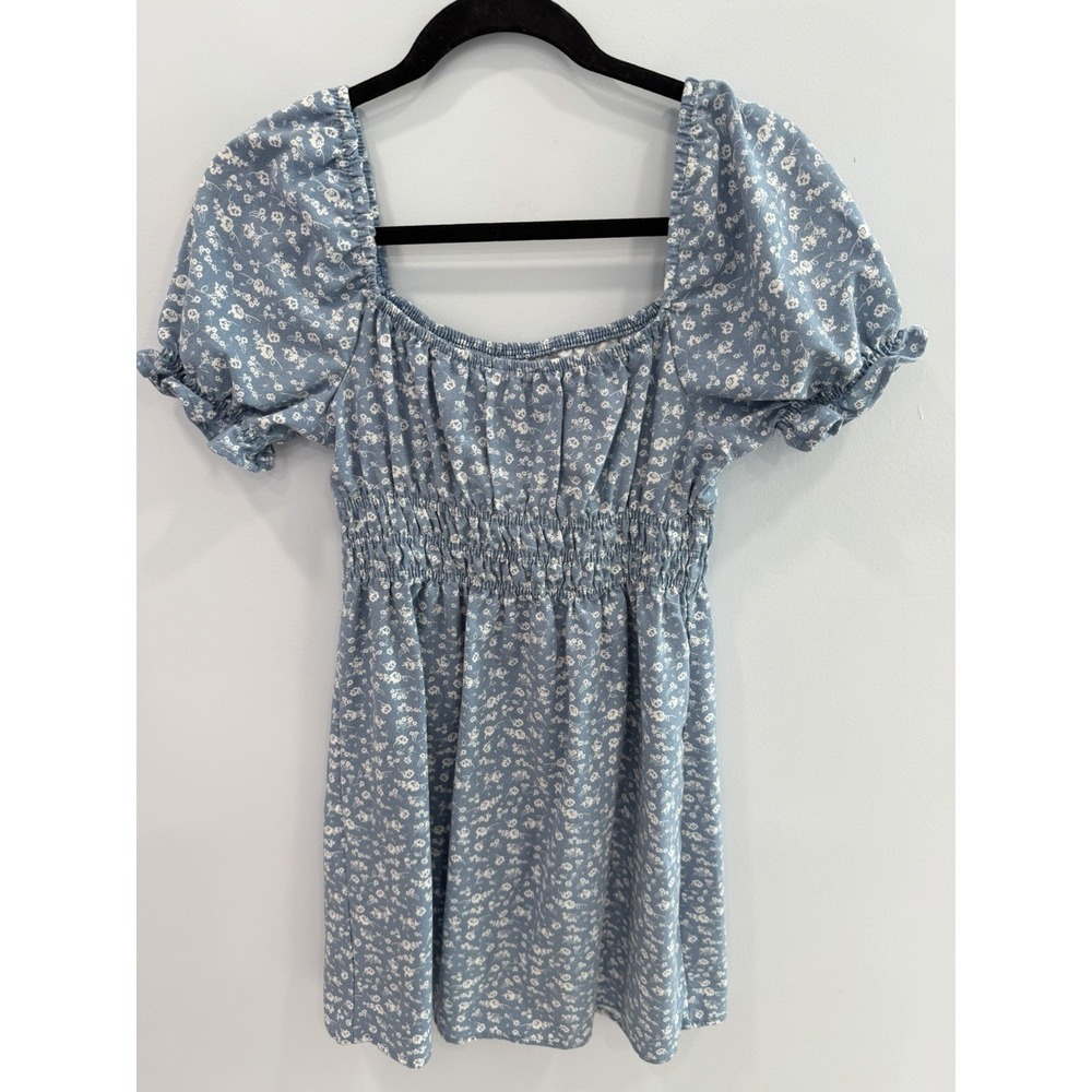 Iris Blue White Floral Babydoll Dress Medium Cottagecore Milkmaid Puff Sleeve - Picture 3 of 11